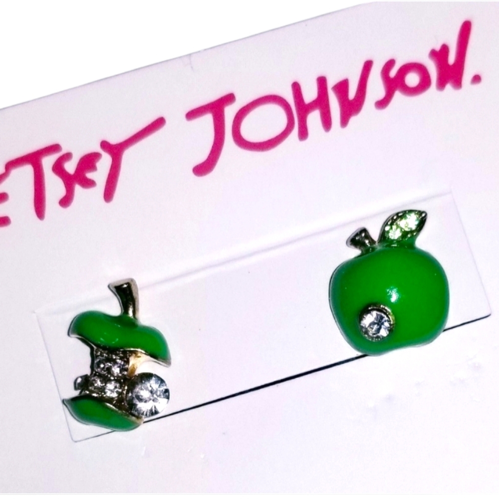 Jeweled green apples mismatched studs earrings rhinestones
